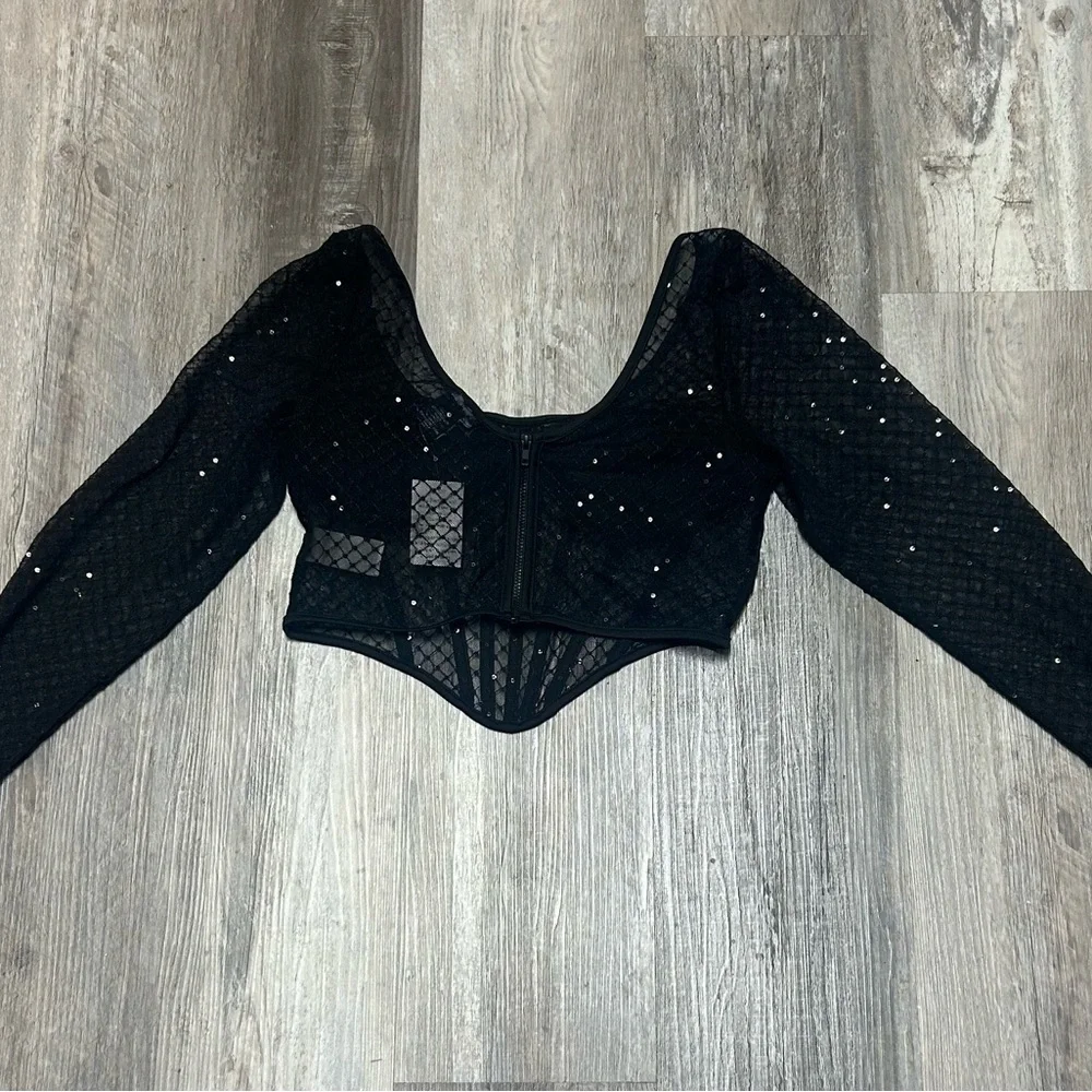 NWT Sincerely Jules Sheer Long Sleeve Black Bustier Size Large